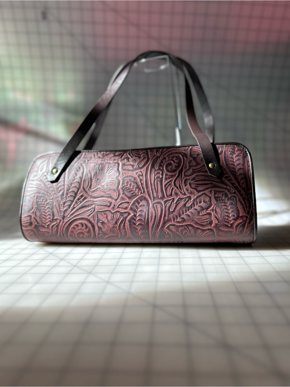 Tooled Genuine Leather Brown NEW Western Straps Zippered Barrel Satchel Handbag